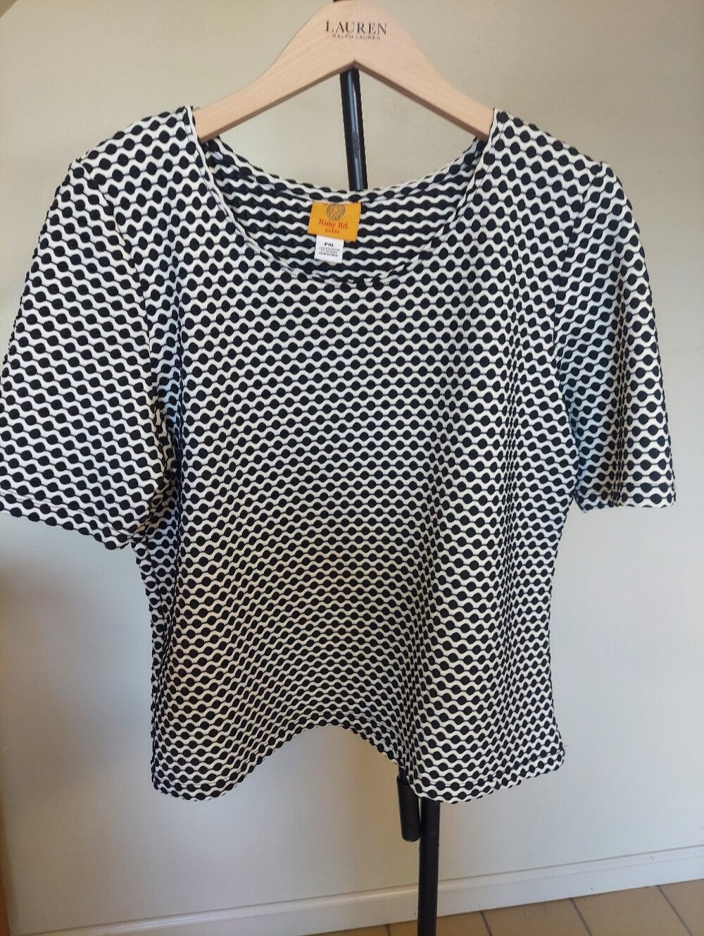 Ruby Rd Blue Black/White geometric Knit Blouse Petite XL